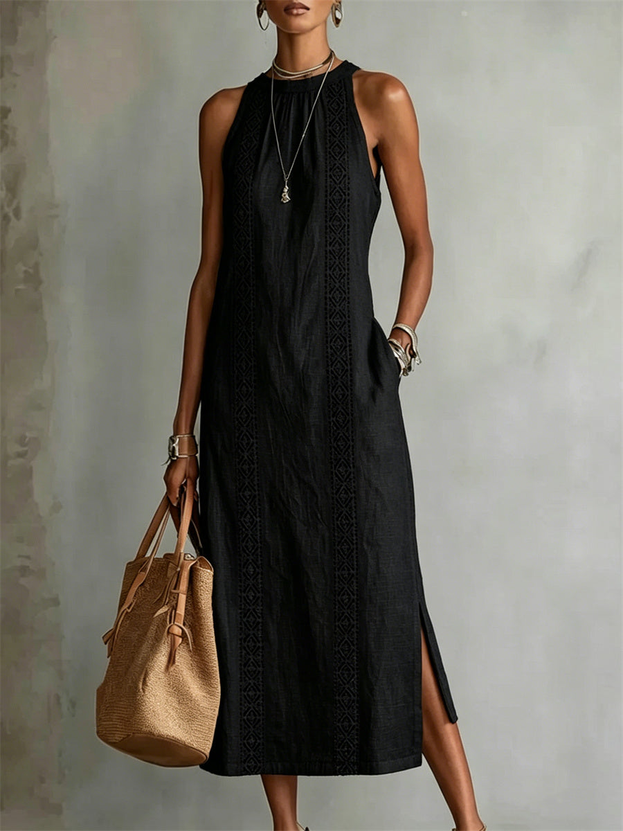 Robe maxi en lin sans manches élégante et simple pour dames avec fente latérale