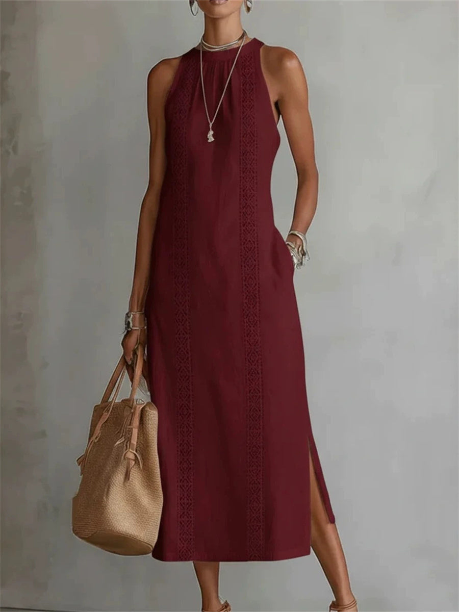 Robe maxi en lin sans manches élégante et simple pour dames avec fente latérale