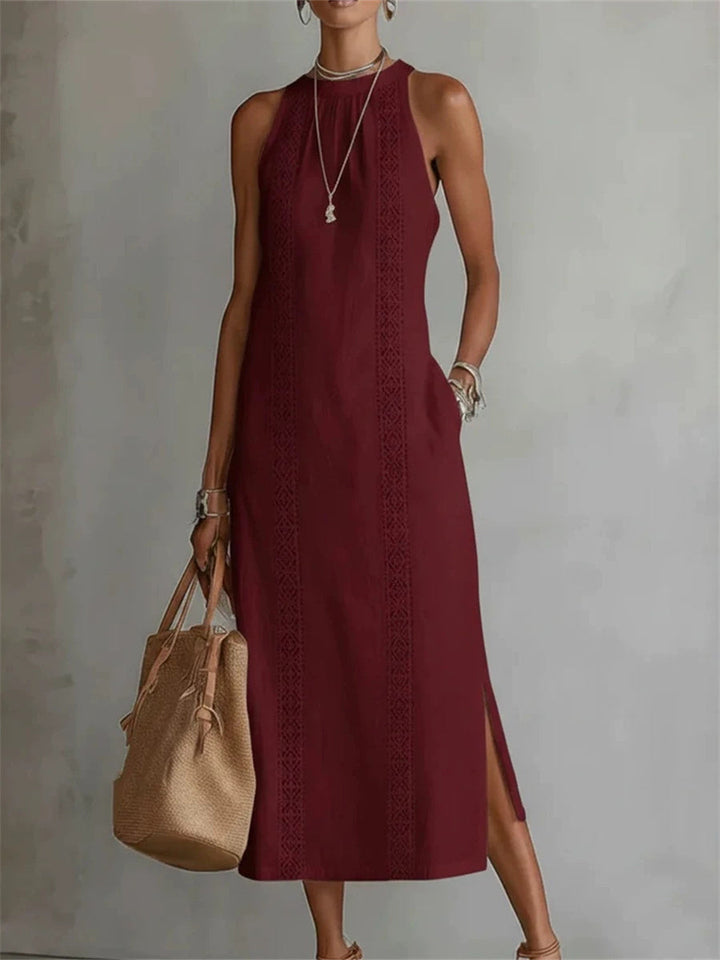 Robe maxi en lin sans manches élégante et simple pour dames avec fente latérale