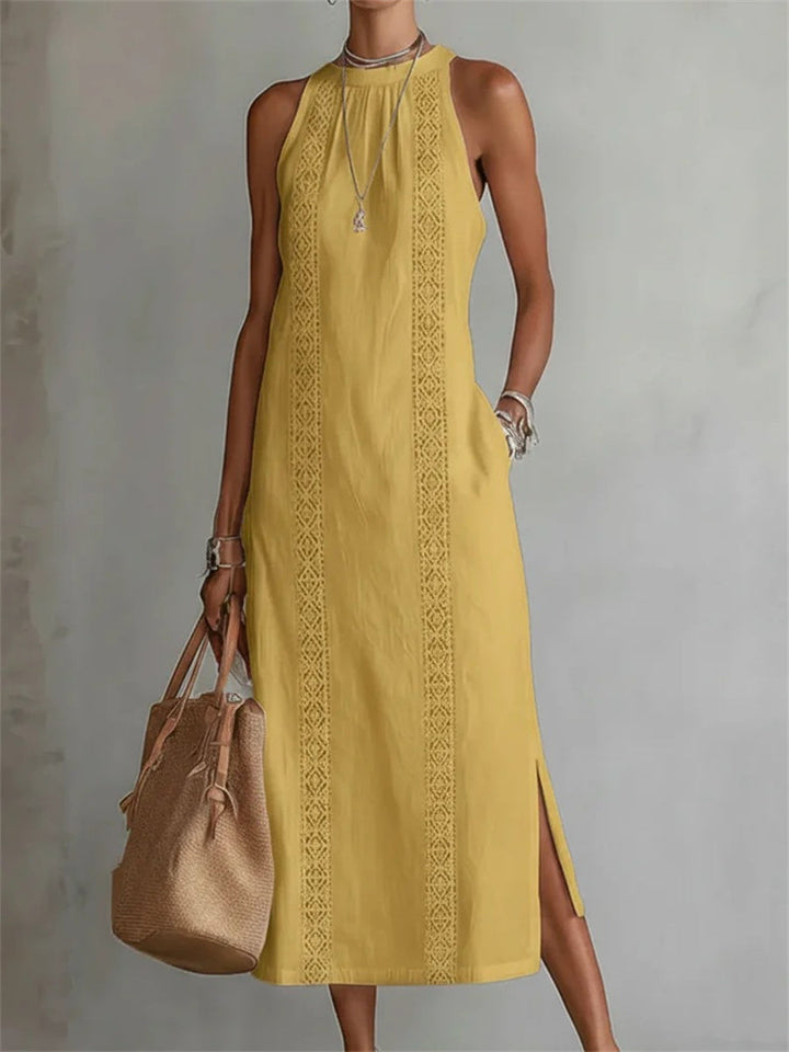 Robe maxi en lin sans manches élégante et simple pour dames avec fente latérale