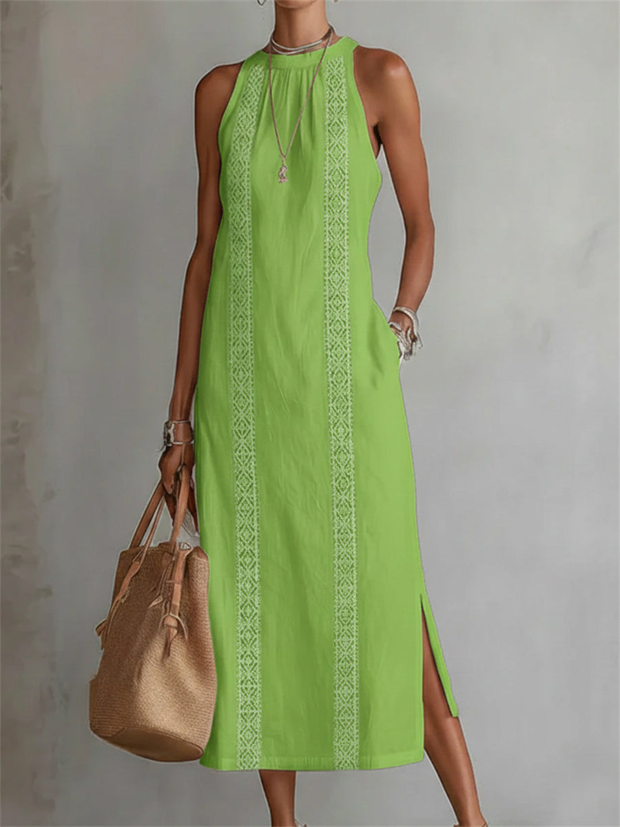 Robe maxi en lin sans manches élégante et simple pour dames avec fente latérale