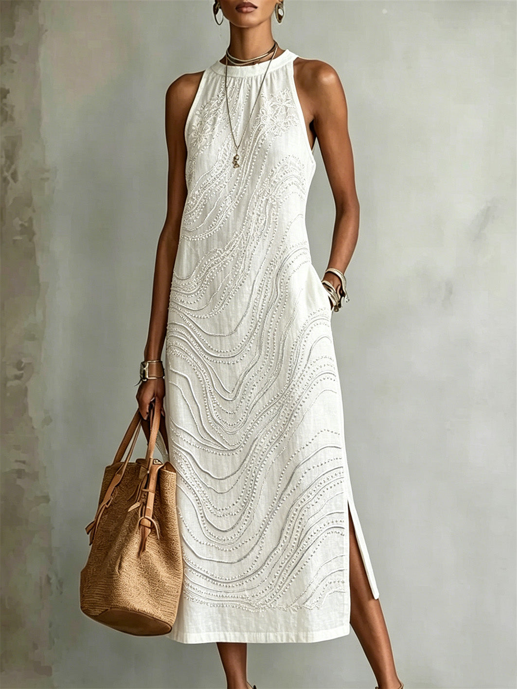Robe maxi élégante en lin pour femmes avec impression artistique de motifs floraux et fente latérale