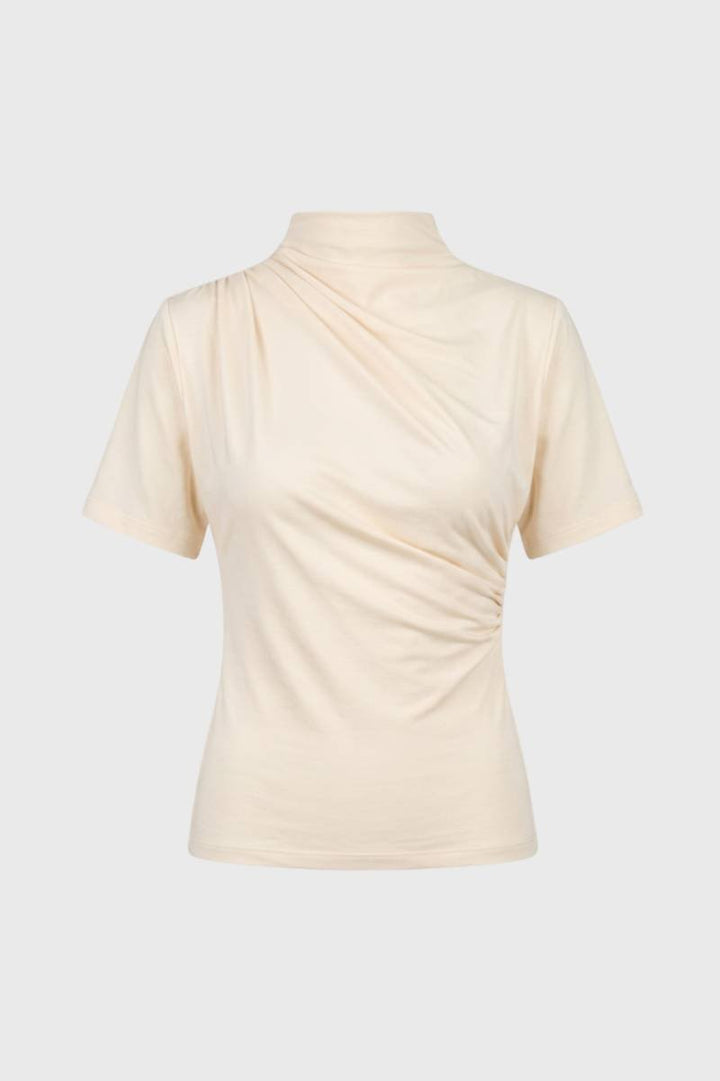 T-shirt Femme - Drapé | Col Haut avec Manches Courtes