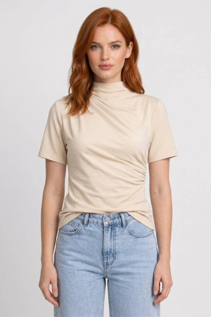T-shirt Femme - Drapé | Col Haut avec Manches Courtes