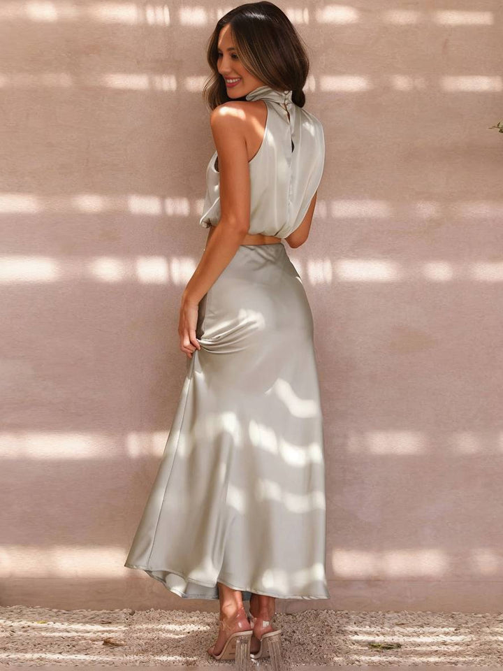 Tindra | Ensemble femme à encolure halter, crop top et jupe maxi