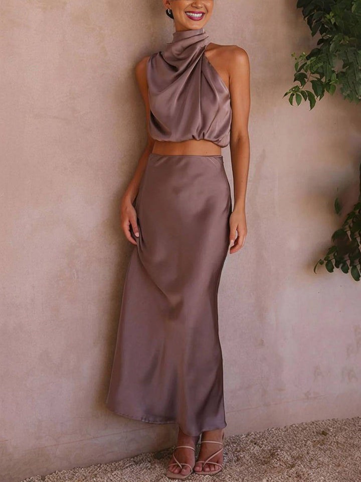 Tindra | Ensemble femme à encolure halter, crop top et jupe maxi
