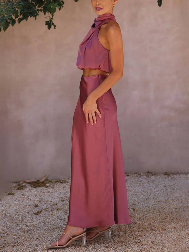 Tindra | Ensemble femme à encolure halter, crop top et jupe maxi