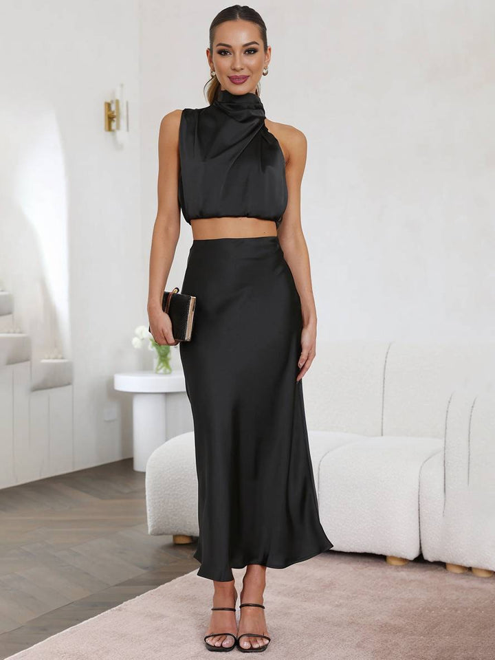 Tindra | Ensemble femme à encolure halter, crop top et jupe maxi