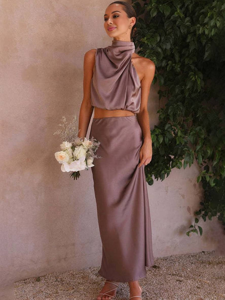 Tindra | Ensemble femme à encolure halter, crop top et jupe maxi