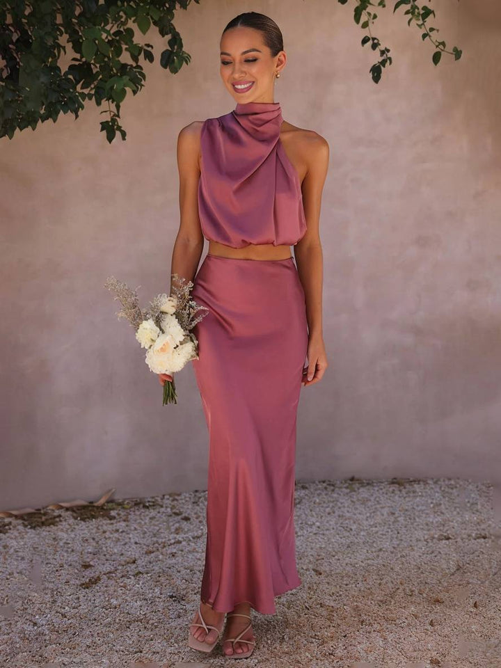 Tindra | Ensemble femme à encolure halter, crop top et jupe maxi