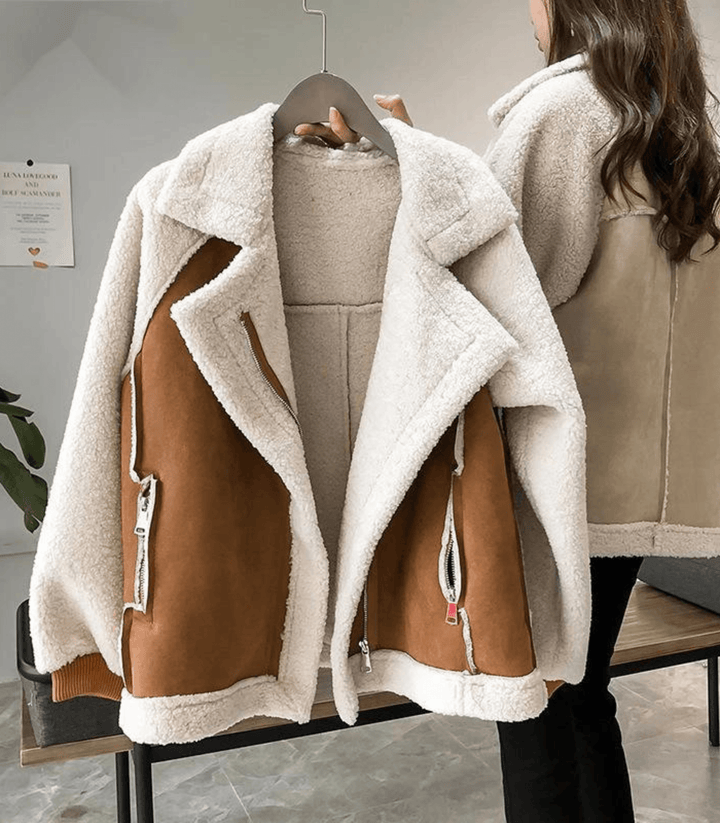 Veste d'hiver douillette avec imitation de peau de mouton pour femmes