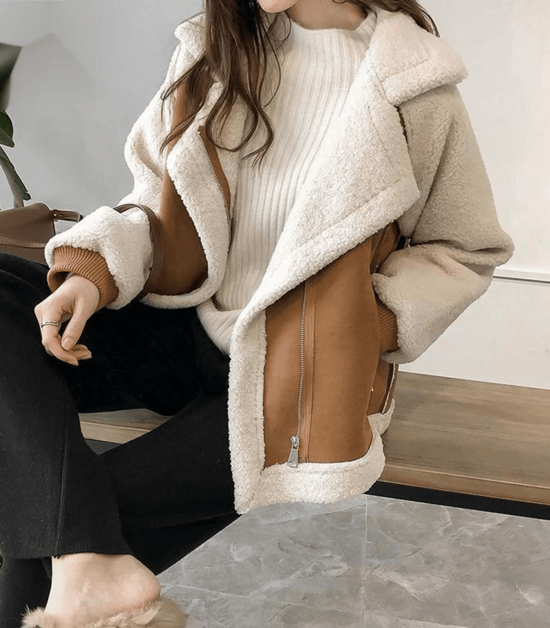 Veste d'hiver douillette avec imitation de peau de mouton pour femmes