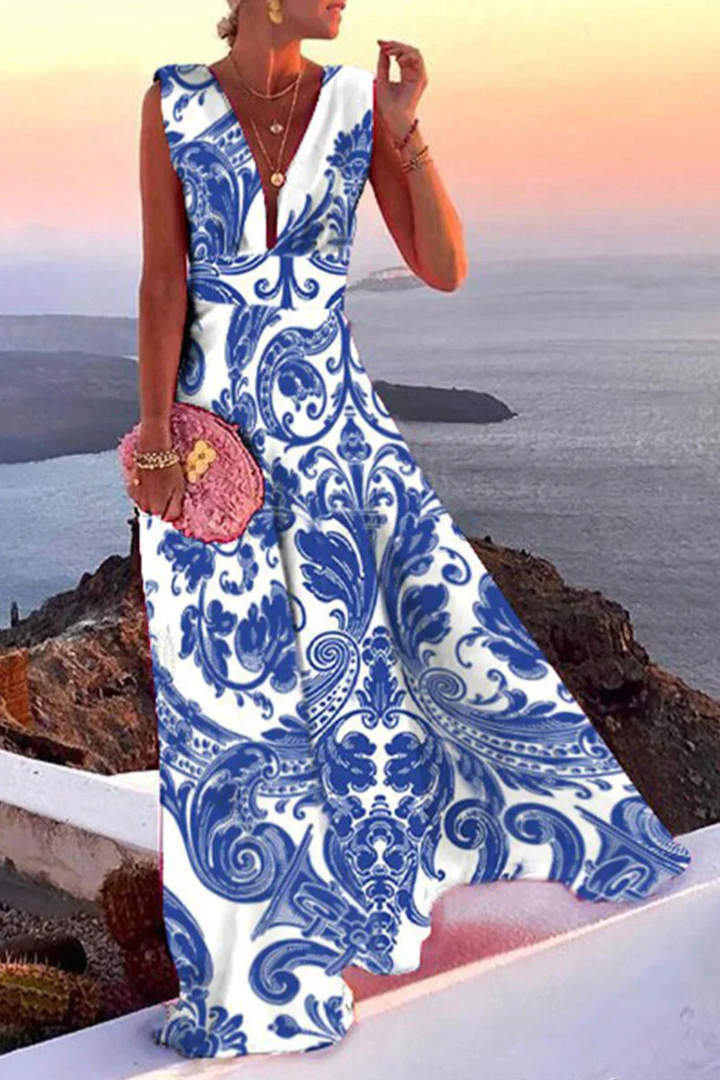 Vashti | Robe maxi sans manches pour femmes décolleté en V imprimé intégral