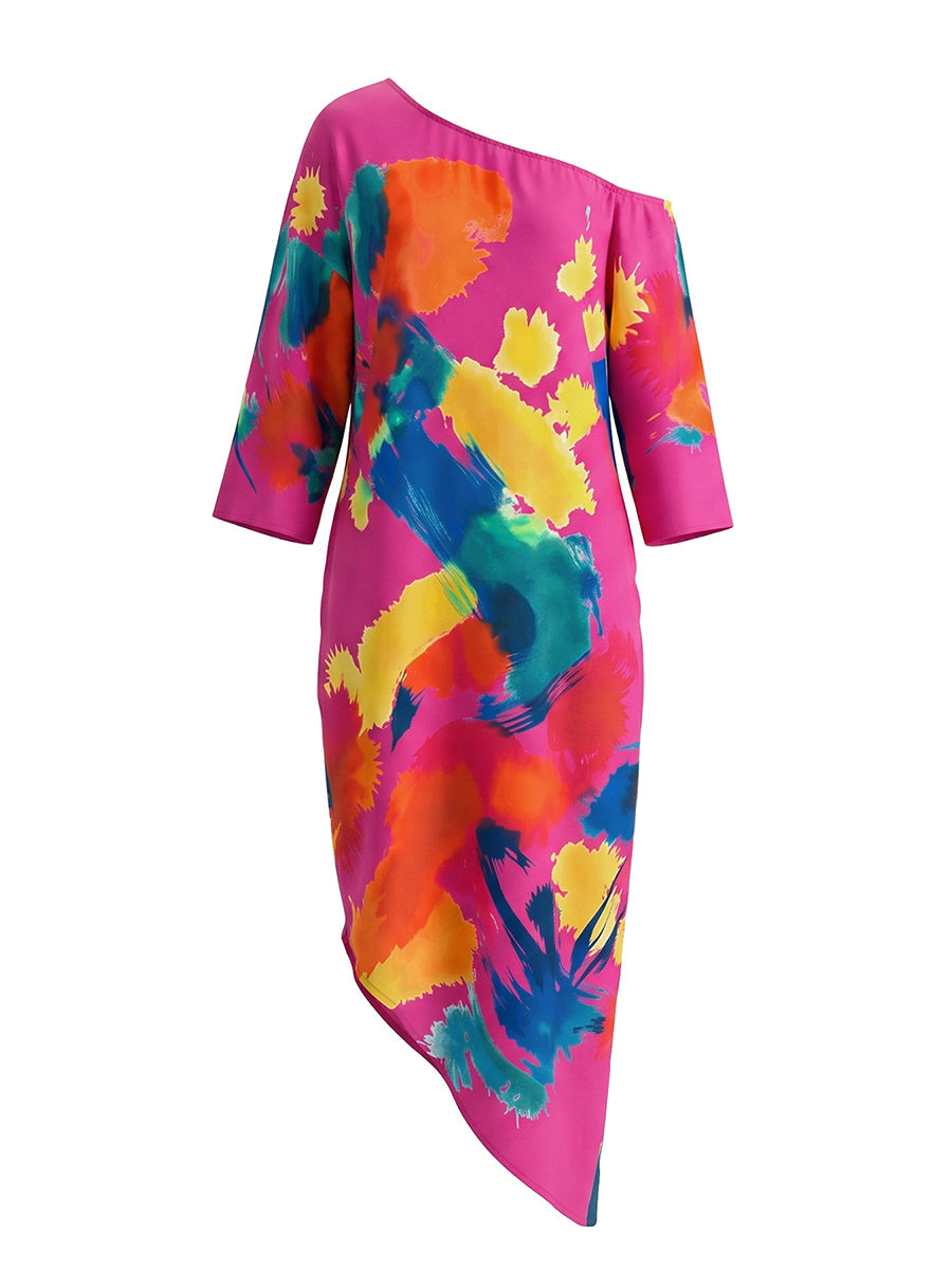 Robe longue ample asymétrique imprimée à manches longues, à poches, asymétrique à une épaule, couleur contrastée