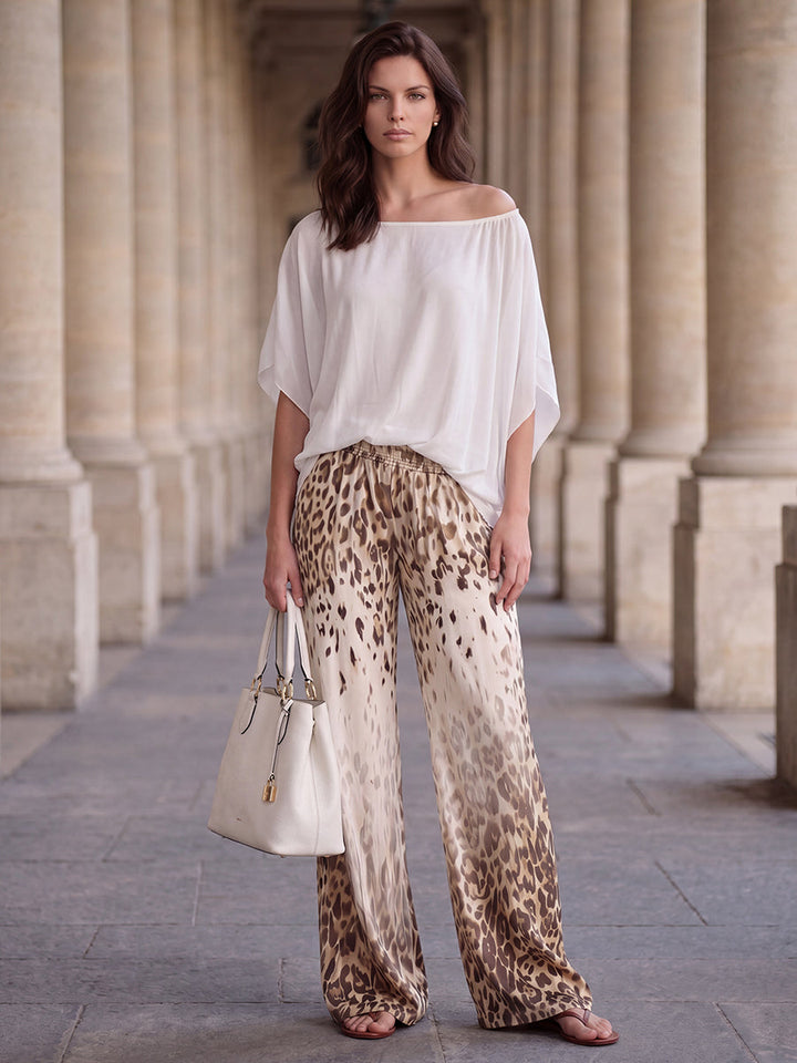 Pantalon ample à taille élastique, en dégradé, à imprimé léopard, à poches, à jambes larges