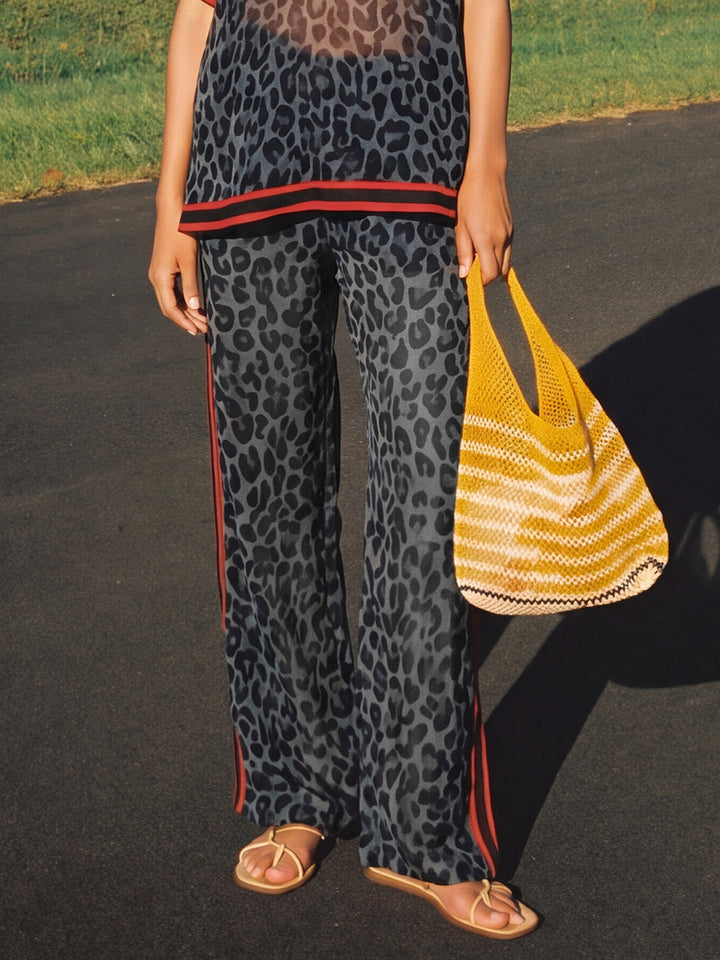 Pantalon rayé à jambes larges, à imprimé léopard, à poches, à empiècements, couleur contrastée