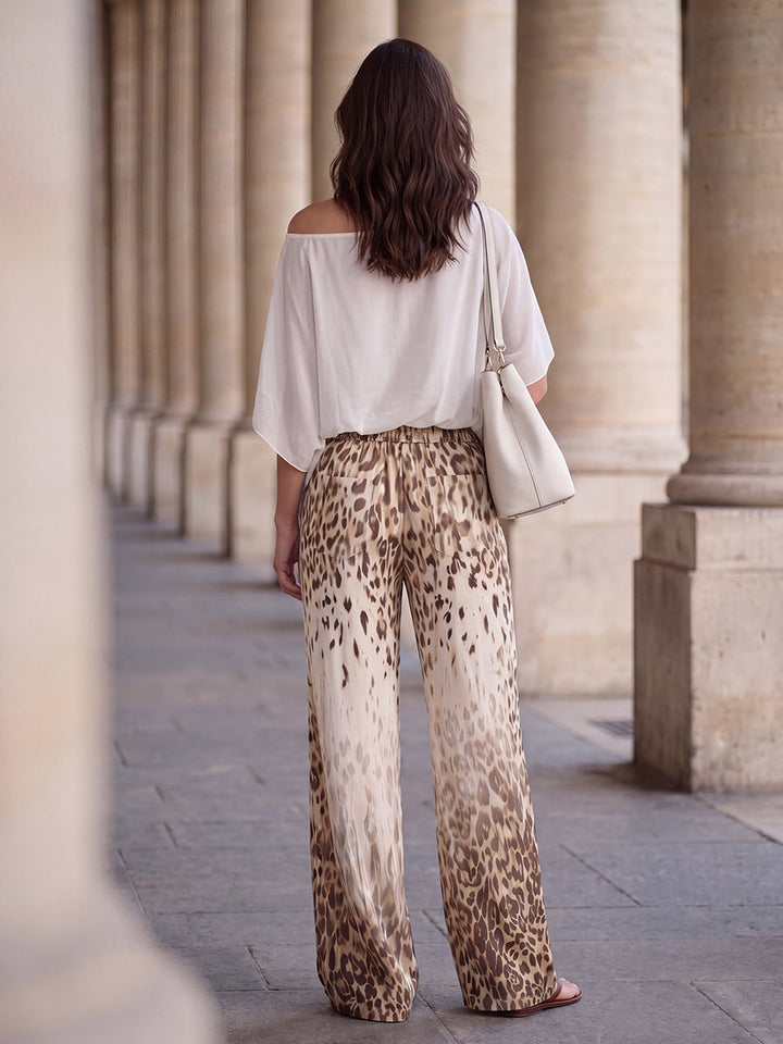 Pantalon ample à taille élastique, en dégradé, à imprimé léopard, à poches, à jambes larges