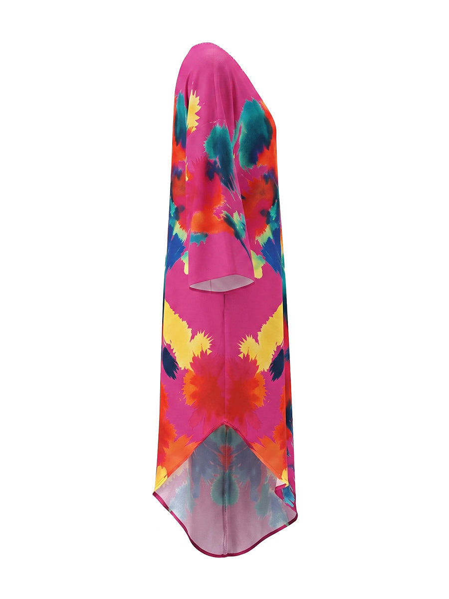 Robe longue ample asymétrique imprimée à manches longues, à poches, asymétrique à une épaule, couleur contrastée