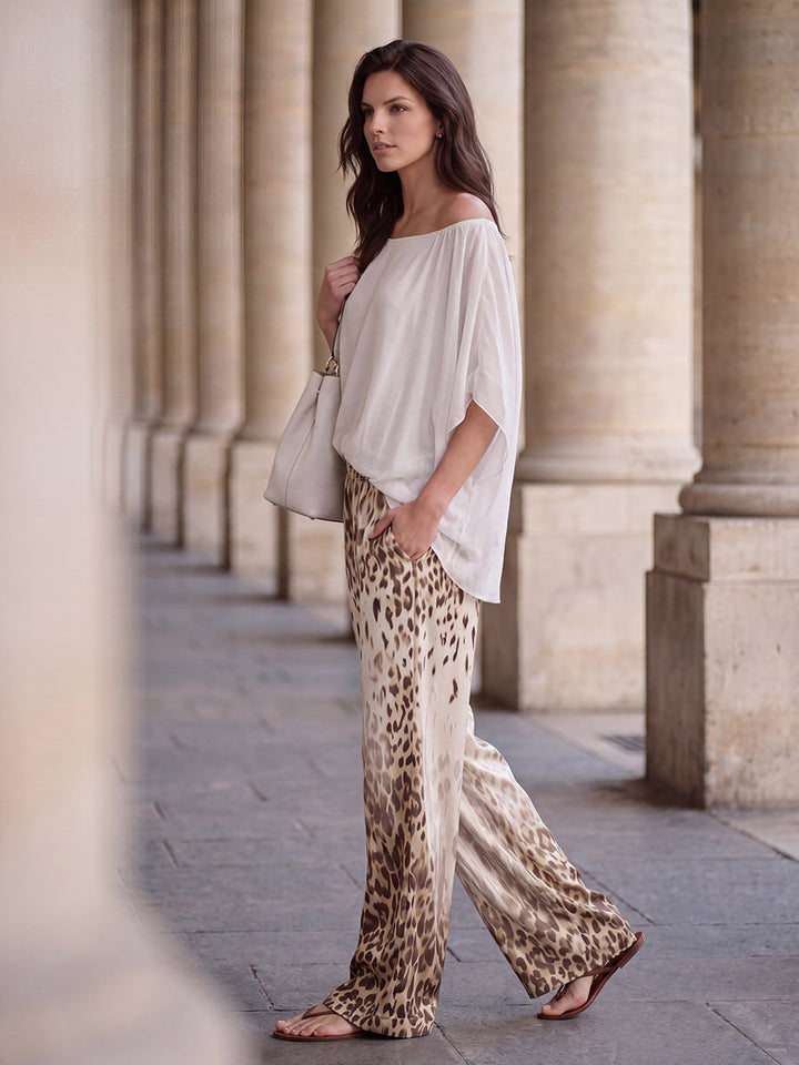 Pantalon ample à taille élastique, en dégradé, à imprimé léopard, à poches, à jambes larges