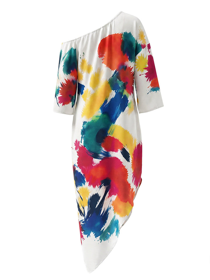 Robe longue ample asymétrique imprimée à manches longues, à poches, asymétrique à une épaule, couleur contrastée
