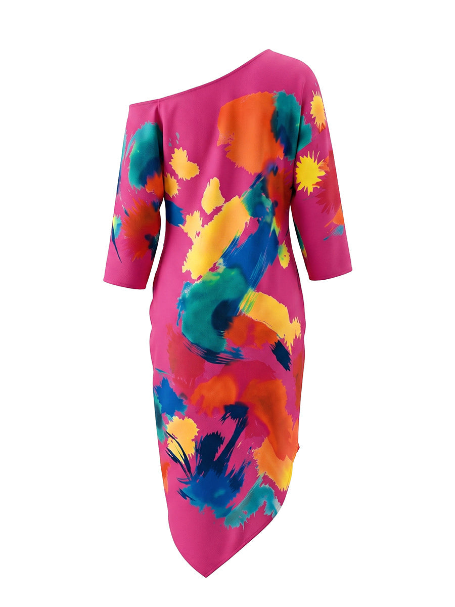 Robe longue ample asymétrique imprimée à manches longues, à poches, asymétrique à une épaule, couleur contrastée