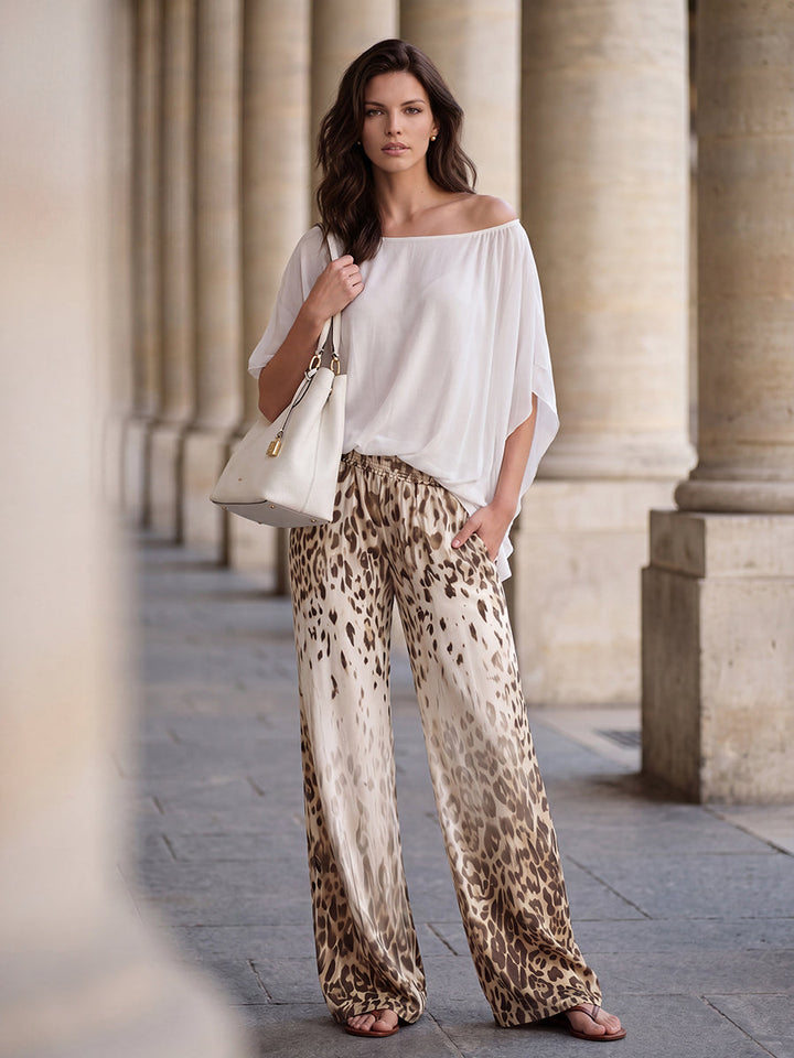 Pantalon ample à taille élastique, en dégradé, à imprimé léopard, à poches, à jambes larges