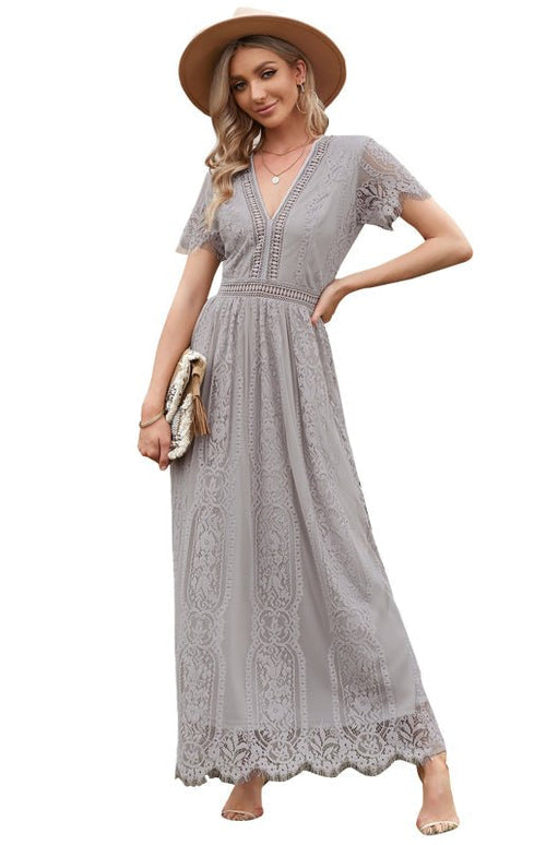 Robe Longue Élise Élégante avec Détails Ouverts – Chic Robe Maxi à Manches Courtes