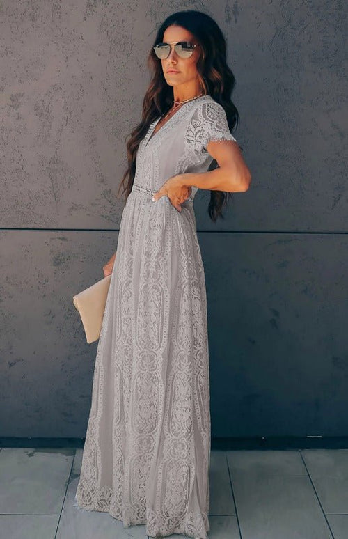 Robe Longue Élise Élégante avec Détails Ouverts – Chic Robe Maxi à Manches Courtes