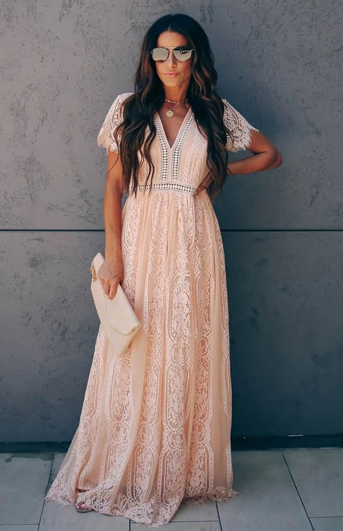 Robe Longue Élise Élégante avec Détails Ouverts – Chic Robe Maxi à Manches Courtes