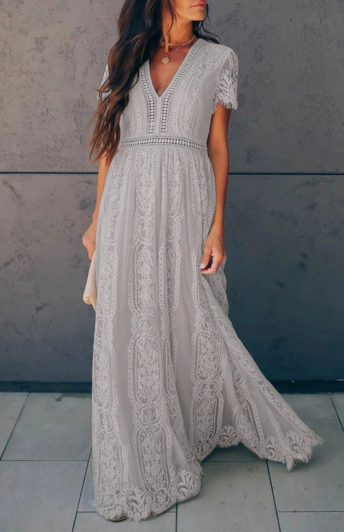 Robe Longue Élise Élégante avec Détails Ouverts – Chic Robe Maxi à Manches Courtes