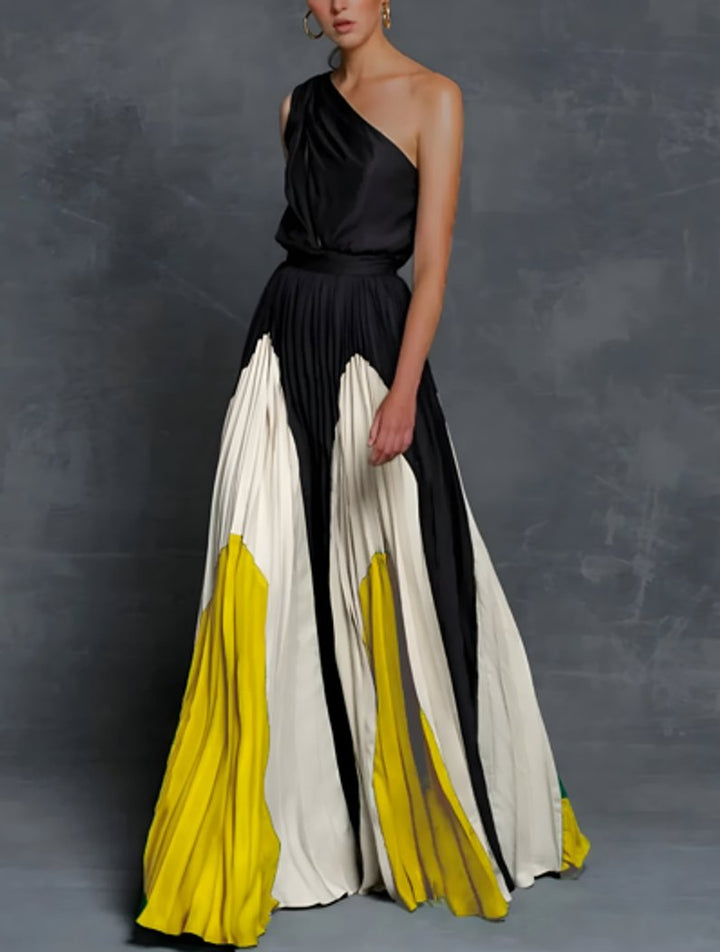 Isla | Robe maxi plissée pour femmes avec design à une épaule et motif colorblock