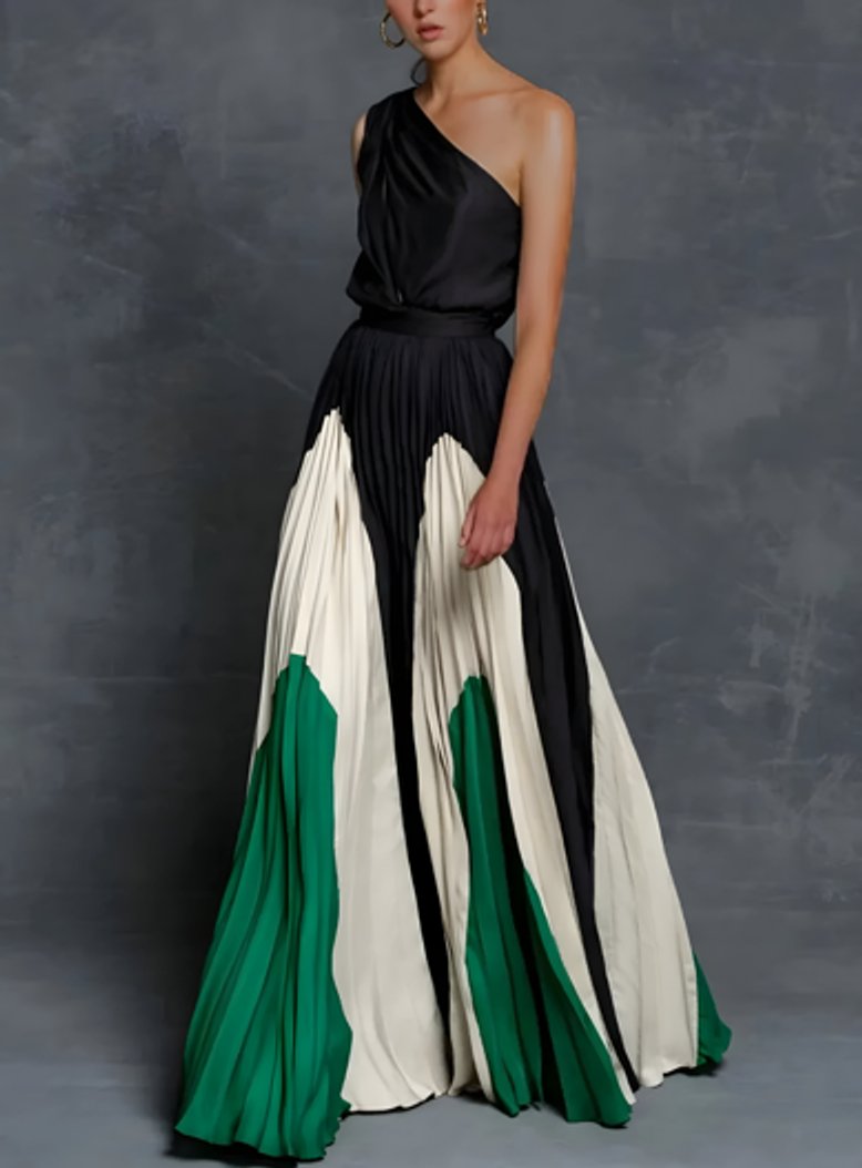 Isla | Robe maxi plissée pour femmes avec design à une épaule et motif colorblock