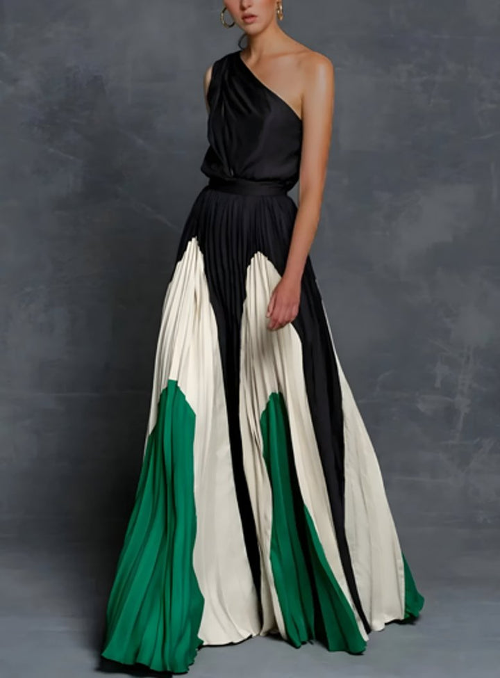 Isla | Robe maxi plissée pour femmes avec design à une épaule et motif colorblock
