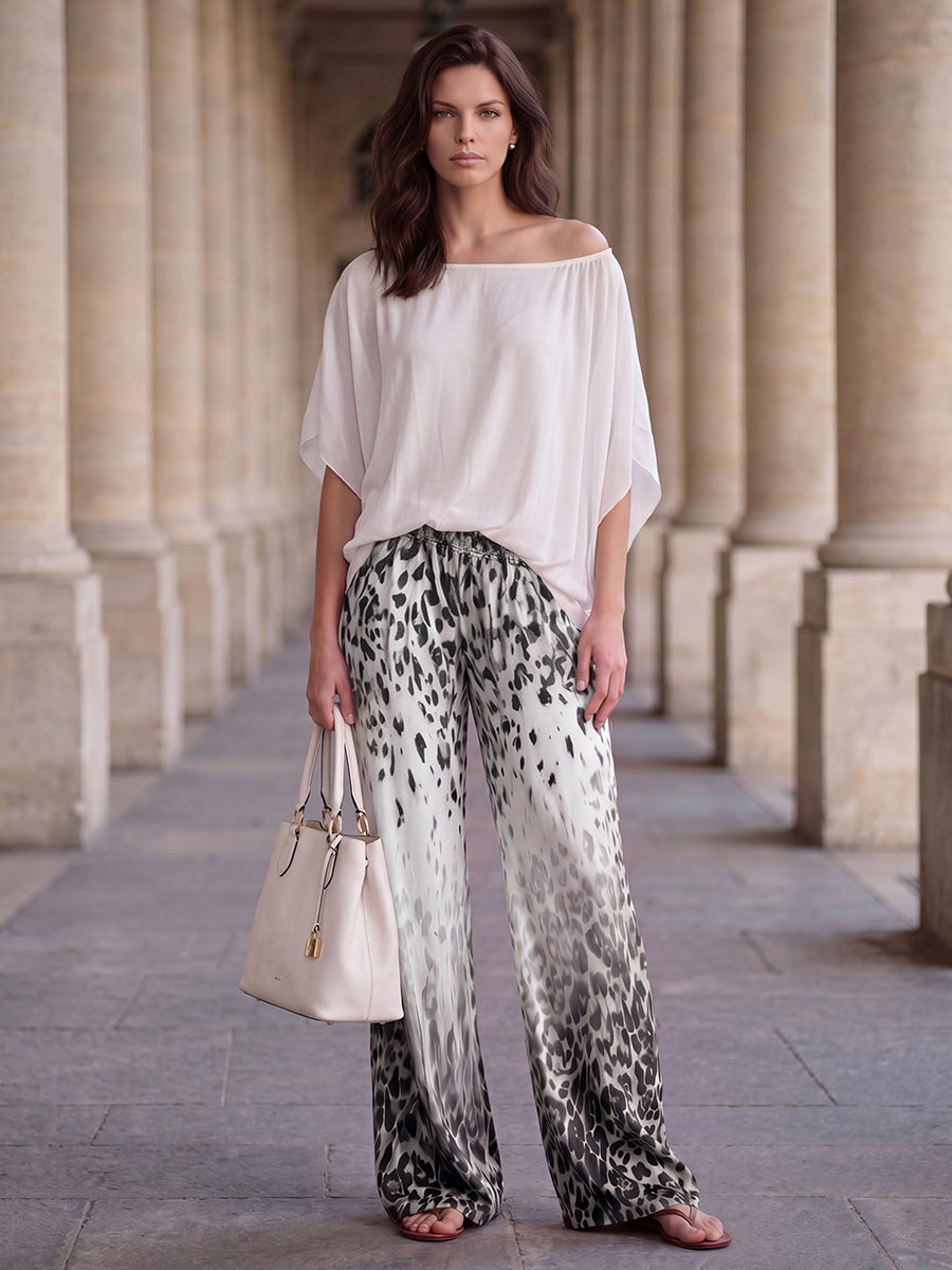 Pantalon ample à taille élastique, en dégradé, à imprimé léopard, à poches, à jambes larges