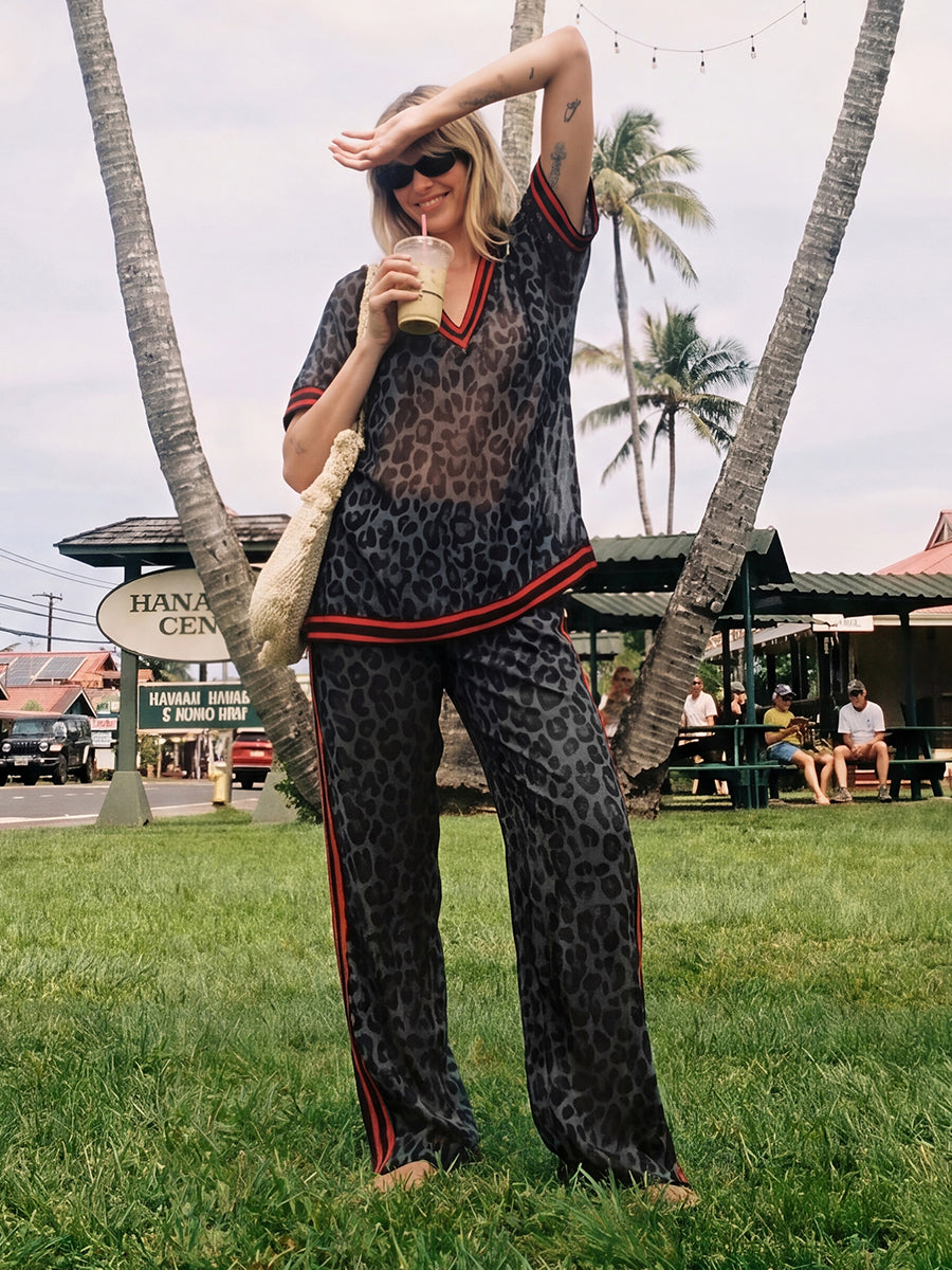 Pantalon rayé à jambes larges, à imprimé léopard, à poches, à empiècements, couleur contrastée