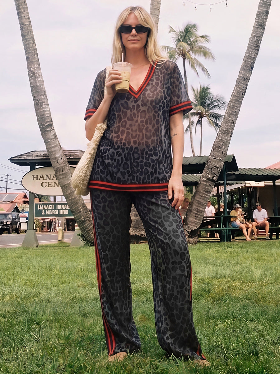 Pantalon rayé à jambes larges, à imprimé léopard, à poches, à empiècements, couleur contrastée