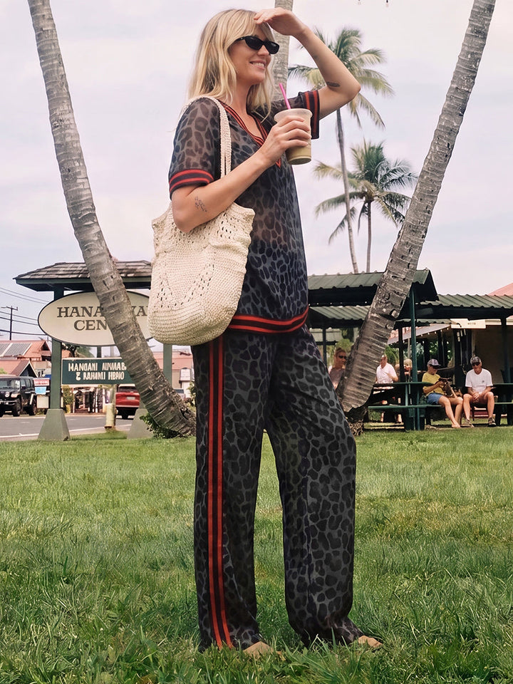 Pantalon rayé à jambes larges, à imprimé léopard, à poches, à empiècements, couleur contrastée
